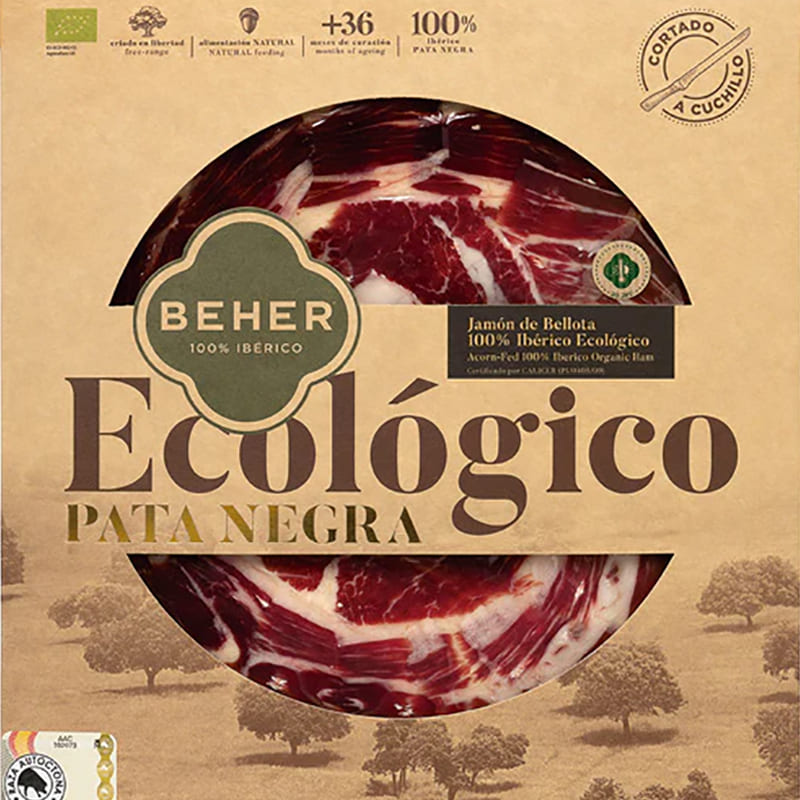 Jamón ecológico 100% Ibérico Bellota Pata Negra loncheado , Beher